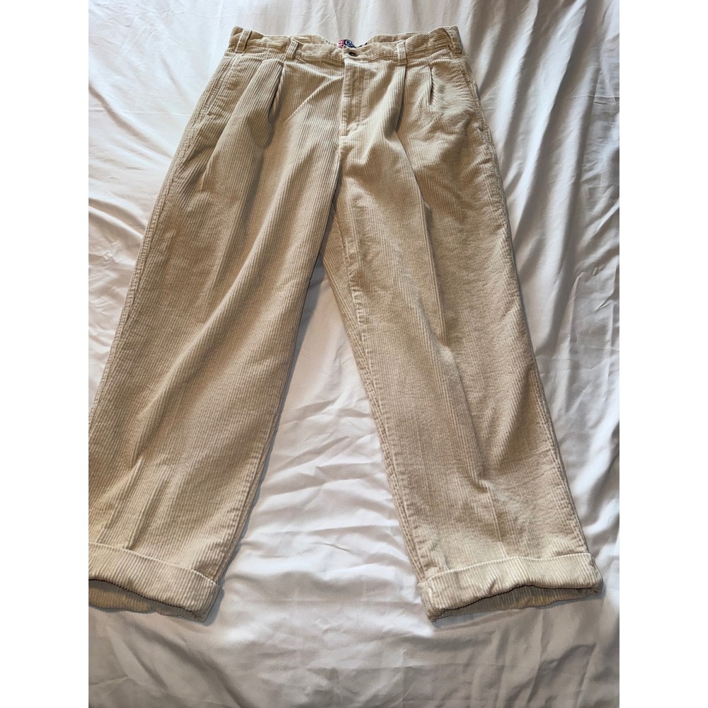 Chaps Ralph Lauren Mens Tan Beige Pleated Corduroy Pants 36x30 Cuffed Straight
